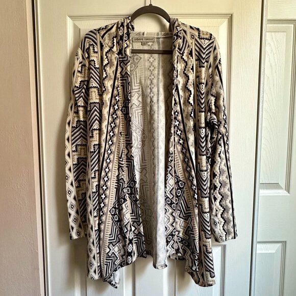 Absolutely Famous Large Geometric Aztec Print Hooded Cardigan Sweater Open Front - Picture 1 of 10